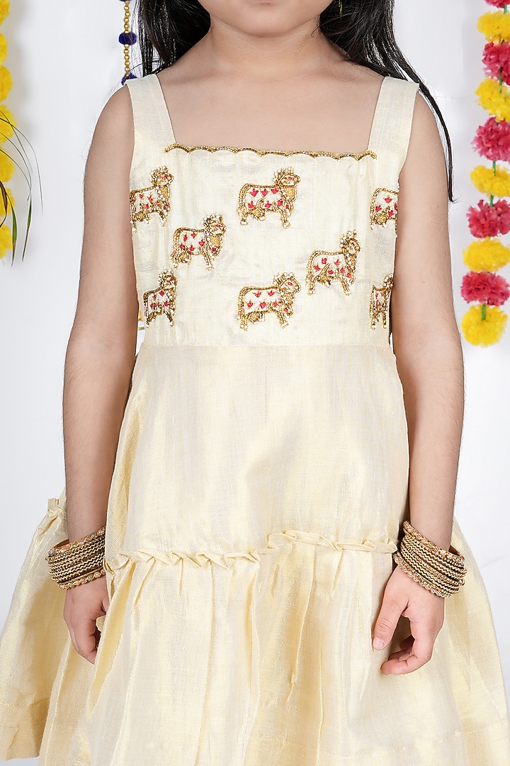 Shiny Off-White Khadi Cotton Flamingo Hand Painted Dress For Girls by Hooray at Pernia's Pop Up Shop