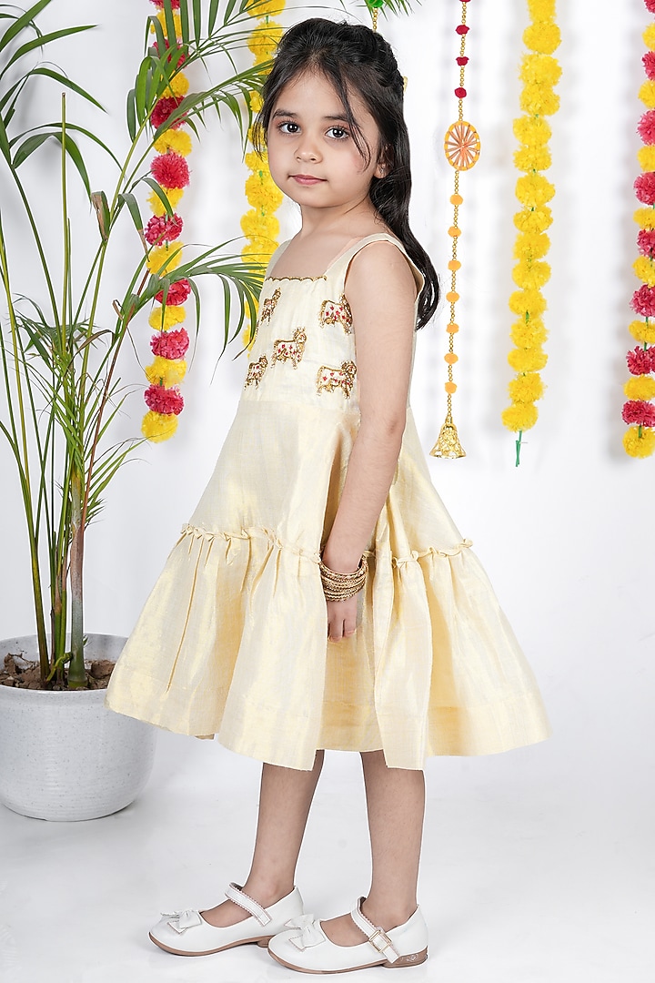 Shiny Off-White Khadi Cotton Flamingo Hand Painted Dress For Girls by Hooray at Pernia's Pop Up Shop