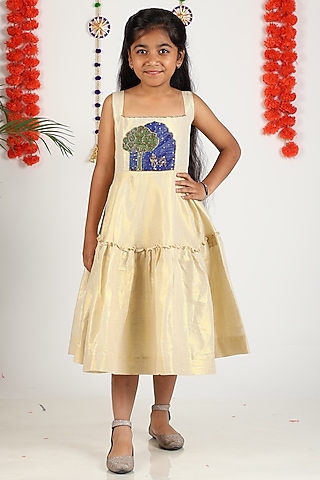 Shiny Off-White Khadi Cotton Door Hand Painted Dress For Girls by Hooray