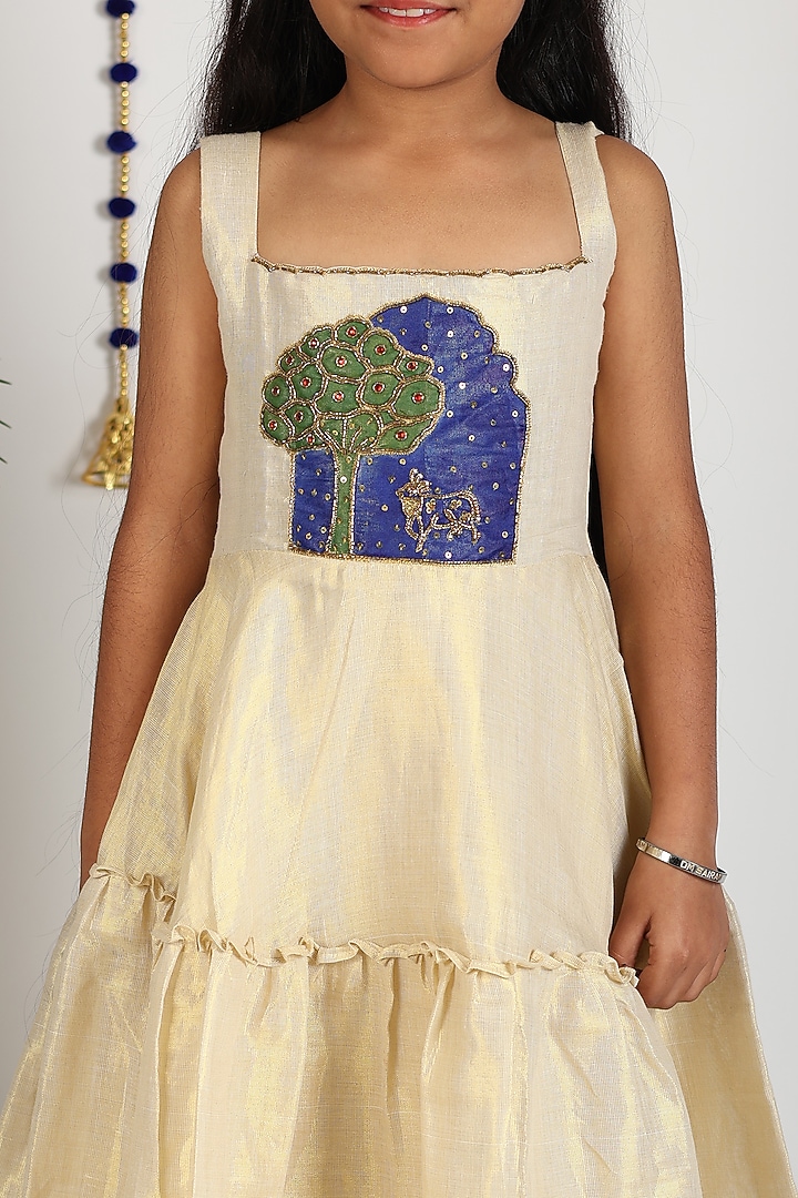 Shiny Off-White Khadi Cotton Door Hand Painted Dress For Girls by Hooray at Pernia's Pop Up Shop