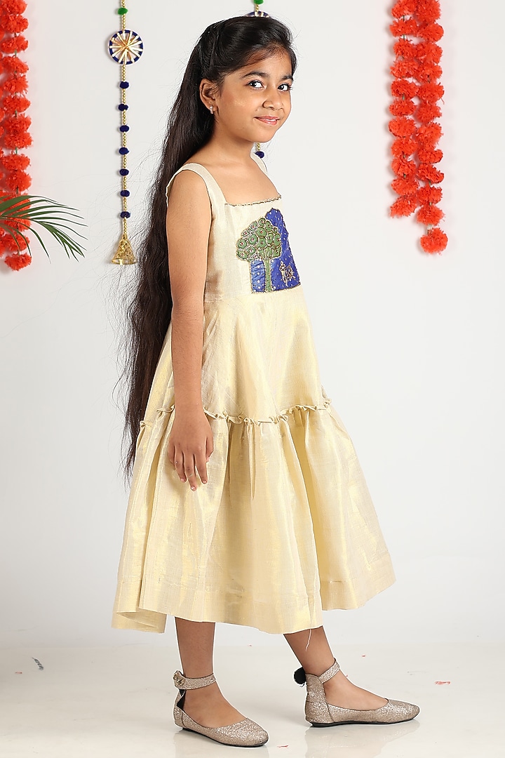 Shiny Off-White Khadi Cotton Door Hand Painted Dress For Girls by Hooray at Pernia's Pop Up Shop