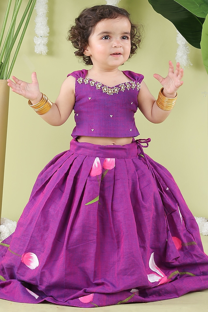 Purple Cotton Handpainted Skirt Set For Girls by Hooray at Pernia's Pop Up Shop