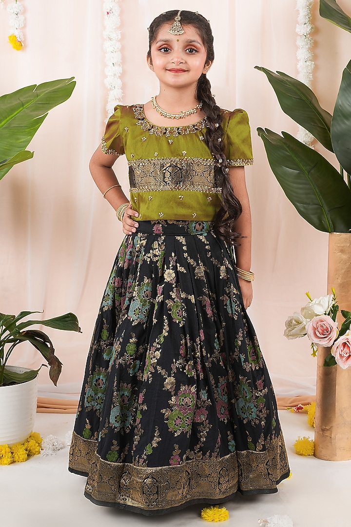 Black Meenakumari Silk Skirt Set For Girls by Hooray at Pernia's Pop Up Shop