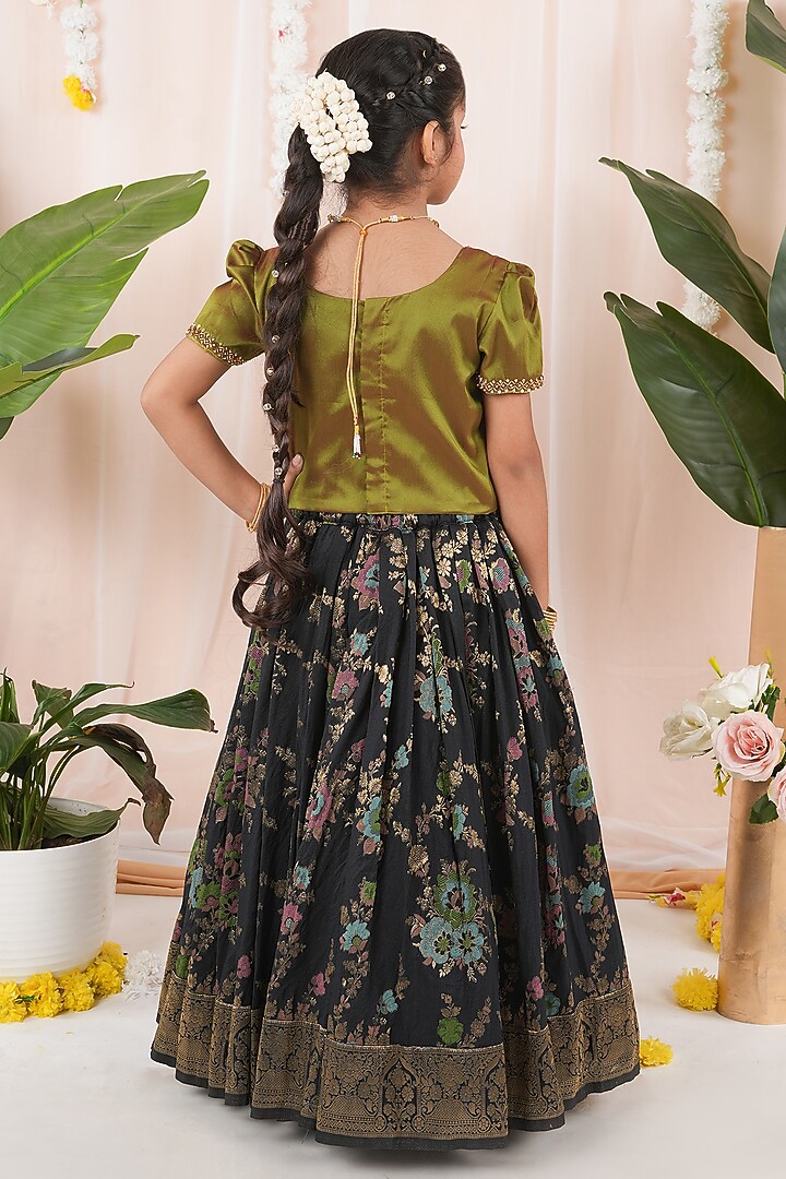Black Meenakumari Silk Skirt Set For Girls by Hooray at Pernia's Pop Up Shop