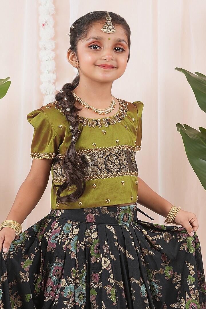 Black Meenakumari Silk Skirt Set For Girls by Hooray at Pernia's Pop Up Shop