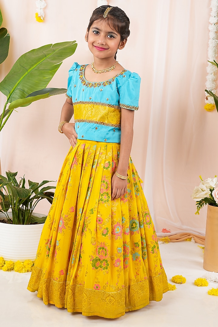 Yellow Meenakumari Silk Skirt Set For Girls by Hooray at Pernia's Pop Up Shop