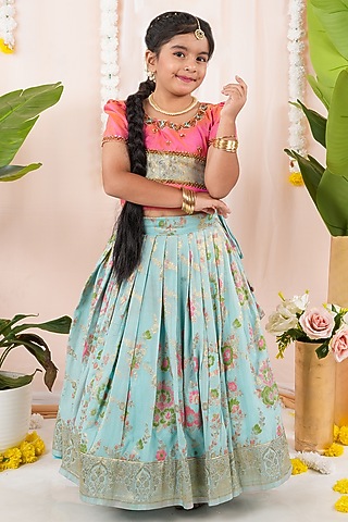 Blue Meenakumari Silk Skirt Set For Girls by Hooray