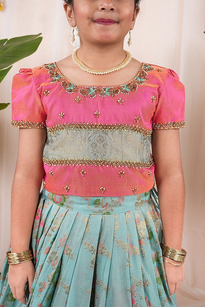 Blue Meenakumari Silk Skirt Set For Girls by Hooray at Pernia's Pop Up Shop