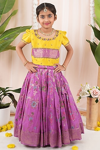 Purple Meenakumari Silk Skirt Set For Girls by Hooray