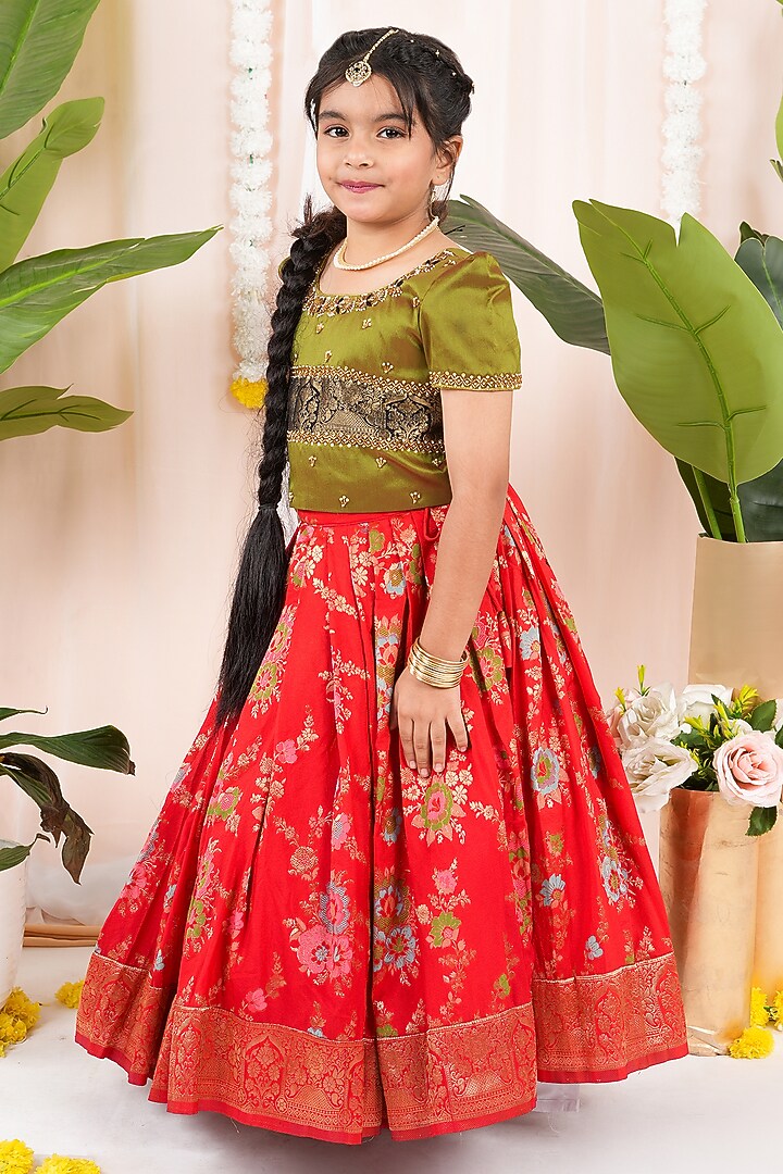 Red Meenakumari Silk Skirt Set For Girls by Hooray at Pernia's Pop Up Shop