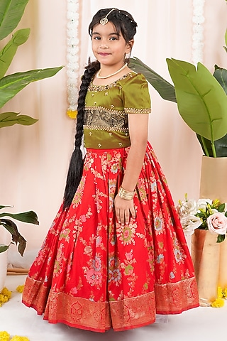Red Meenakumari Silk Skirt Set For Girls by Hooray