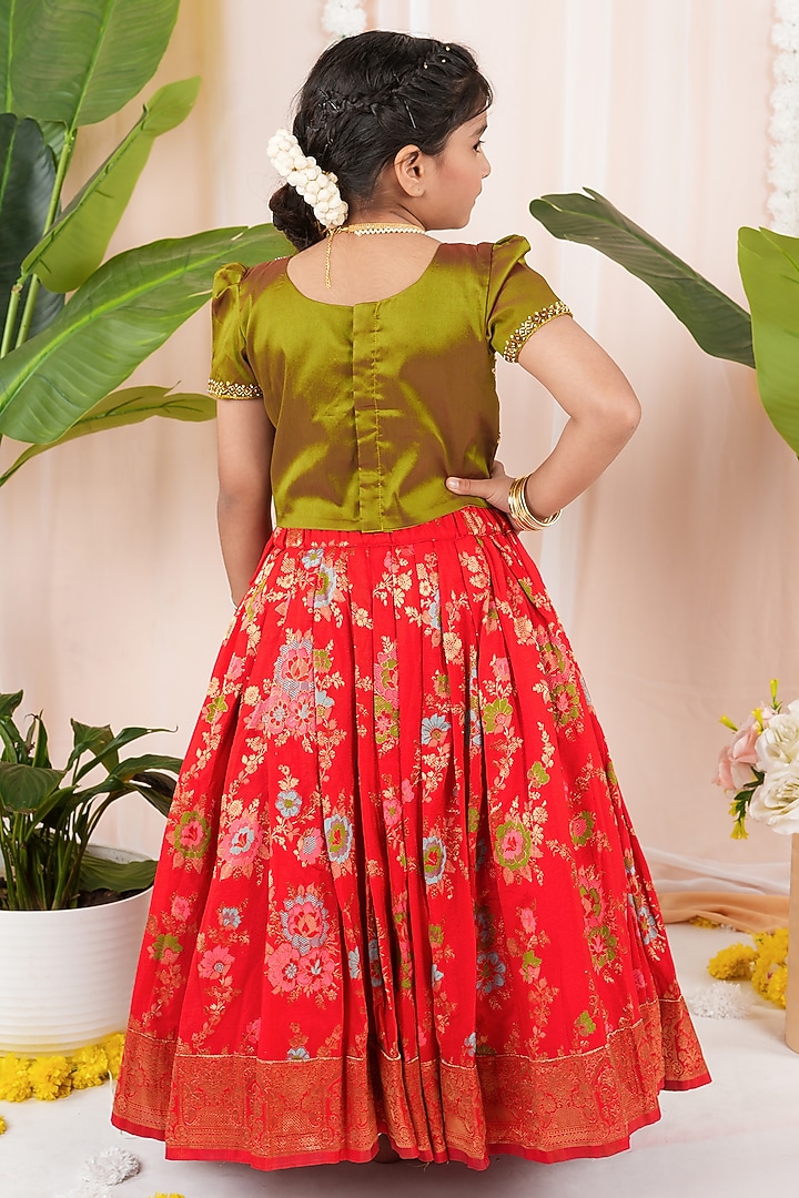 Red Meenakumari Silk Skirt Set For Girls by Hooray at Pernia's Pop Up Shop