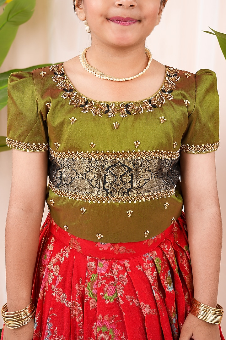 Red Meenakumari Silk Skirt Set For Girls by Hooray at Pernia's Pop Up Shop