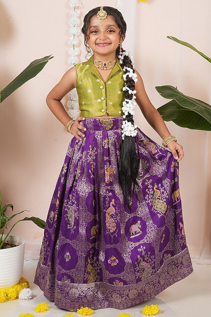 Purple Georgette Banarasi Skirt Set For Girls by Hooray at Pernia's Pop Up Shop