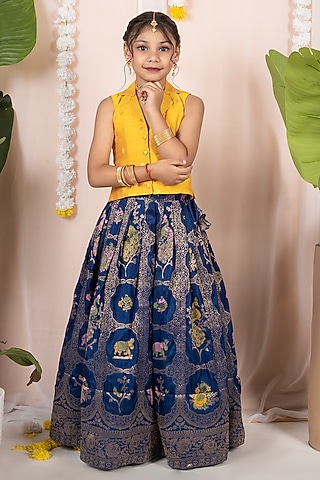 Blue Georgette Banarasi Skirt Set For Girls by Hooray