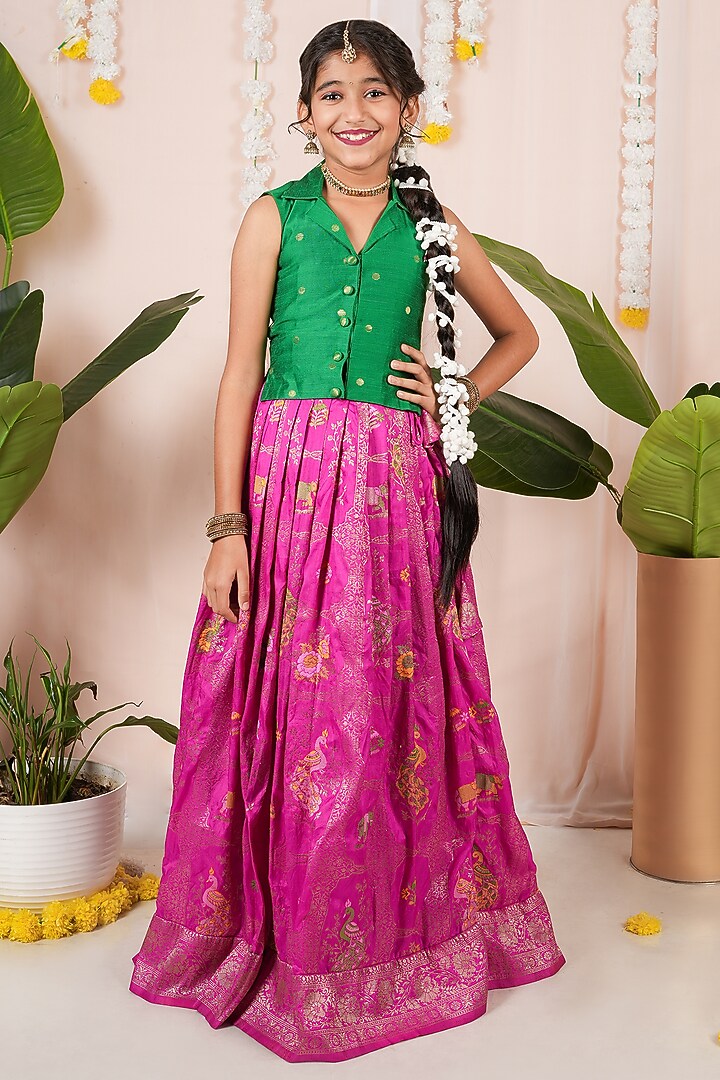 Pink Georgette Banarasi Skirt Set For Girls by Hooray at Pernia's Pop Up Shop