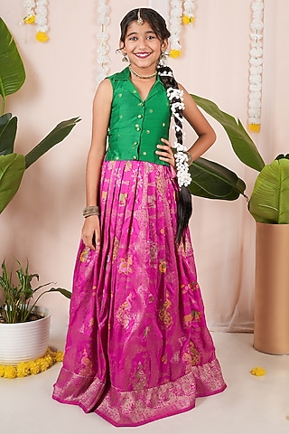 Pink Georgette Banarasi Skirt Set For Girls by Hooray