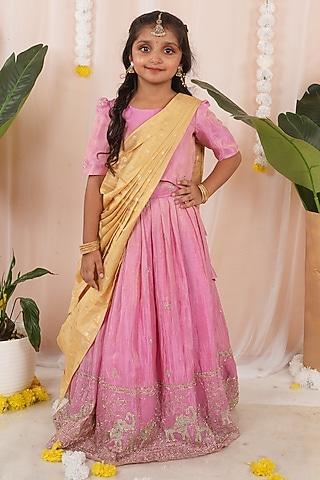 Pink Georgette Tissue Embroidered Skirt Set For Girls by Hooray