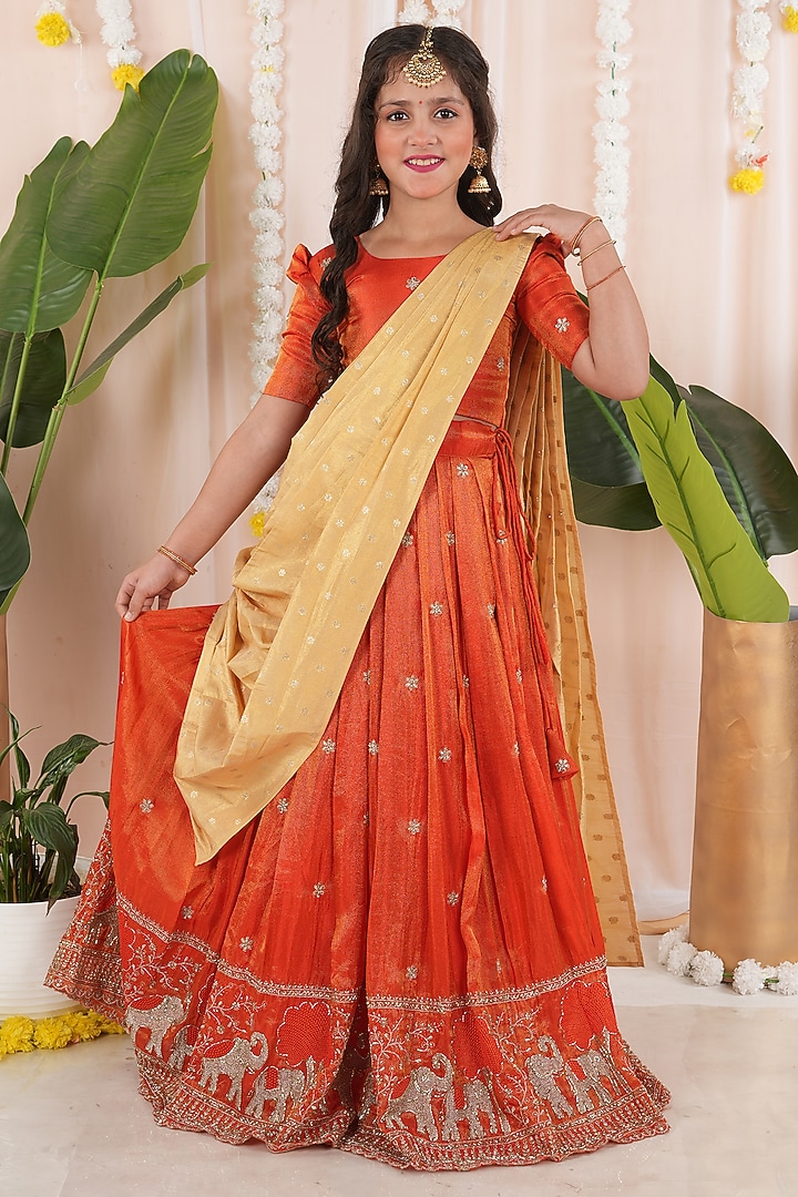 Orange Georgette Tissue Embroidered Skirt Set For Girls by Hooray at Pernia's Pop Up Shop