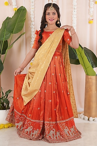 Orange Georgette Tissue Embroidered Skirt Set For Girls by Hooray