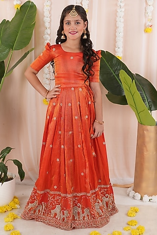 Orange Georgette Tissue Embroidered Skirt Set For Girls by Hooray