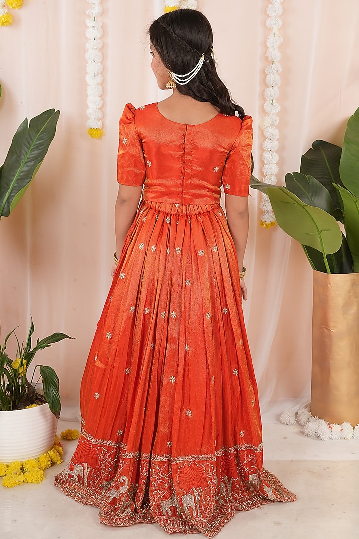 Orange Georgette Tissue Embroidered Skirt Set For Girls by Hooray at Pernia's Pop Up Shop