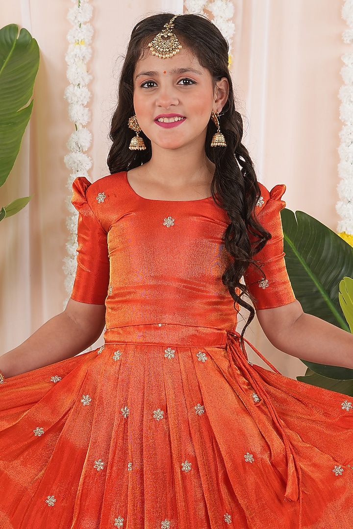Orange Georgette Tissue Embroidered Skirt Set For Girls by Hooray at Pernia's Pop Up Shop