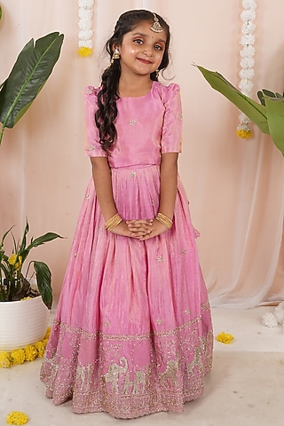 Pink Georgette Tissue Embroidered Skirt Set For Girls by Hooray