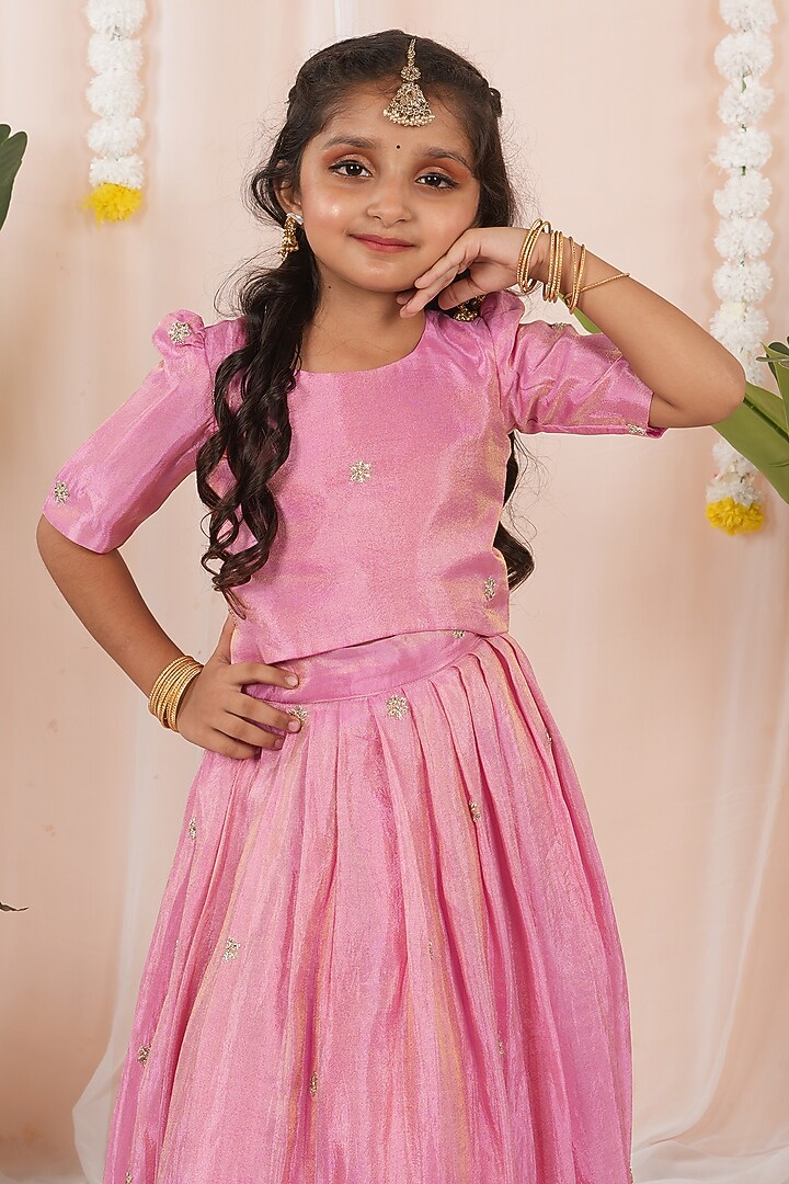 Pink Georgette Tissue Embroidered Skirt Set For Girls by Hooray at Pernia's Pop Up Shop