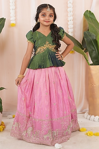 Pink Georgette Tissue Embroidered Skirt Set For Girls by Hooray
