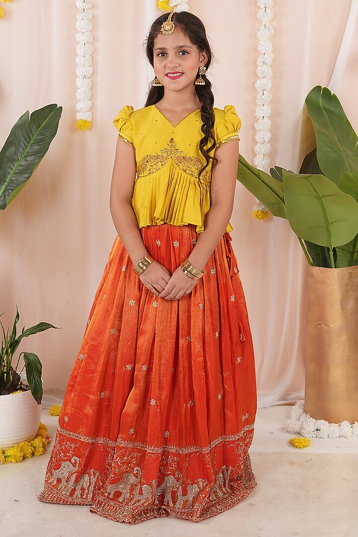 Orange Georgette Tissue Embroidered Skirt Set For Girls by Hooray at Pernia's Pop Up Shop