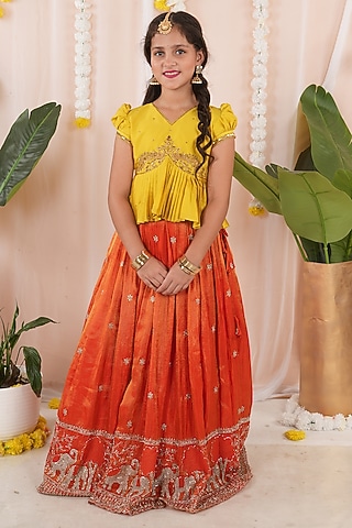 Orange Georgette Tissue Embroidered Skirt Set For Girls by Hooray