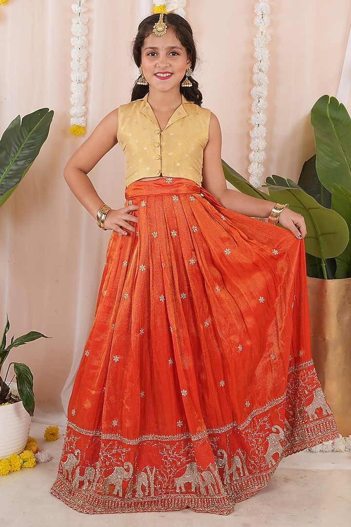 Orange Georgette Tissue Embroidered Skirt Set For Girls by Hooray at Pernia's Pop Up Shop