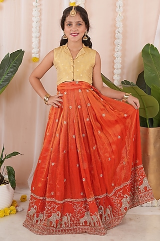 Orange Georgette Tissue Embroidered Skirt Set For Girls by Hooray