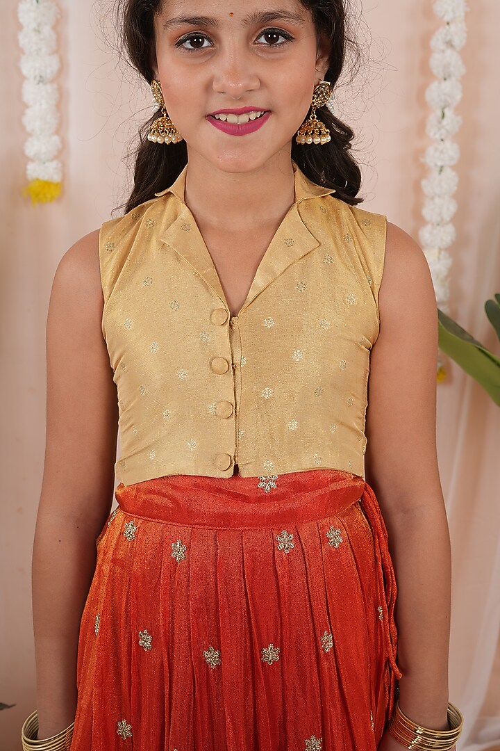 Orange Georgette Tissue Embroidered Skirt Set For Girls by Hooray at Pernia's Pop Up Shop