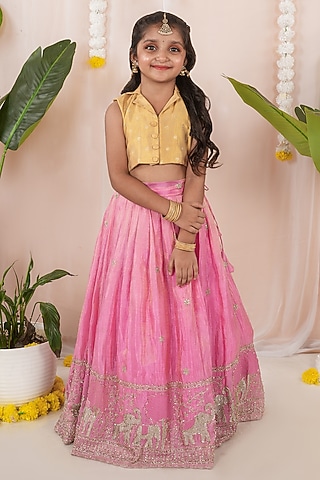 Pink Georgette Tissue Embroidered Skirt Set For Girls by Hooray