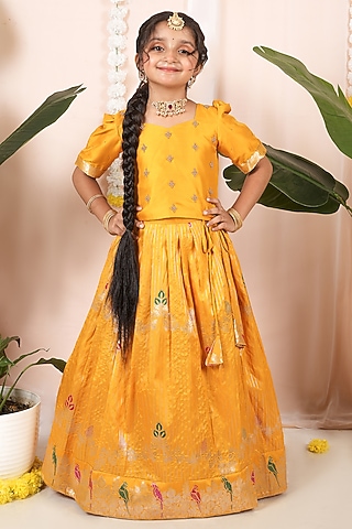 Yellow Semi Silk Floral Skirt Set For Girls by Hooray