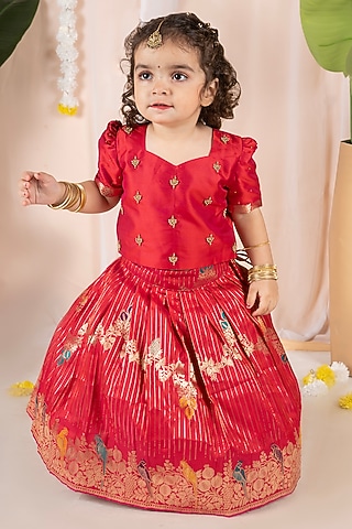 Pink Semi Silk Floral Skirt Set For Girls by Hooray