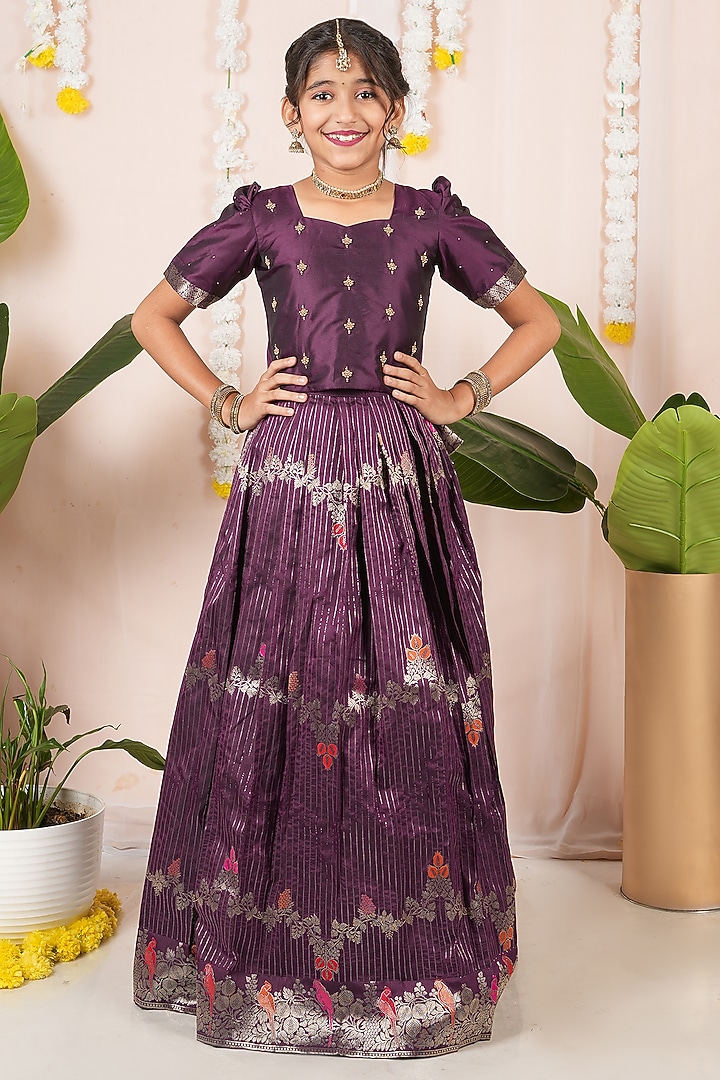 Purple Semi Silk Floral Skirt Set For Girls by Hooray at Pernia's Pop Up Shop