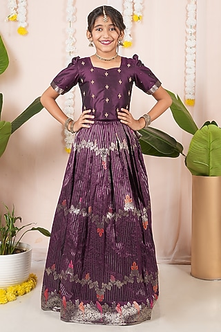 Purple Semi Silk Floral Skirt Set For Girls by Hooray
