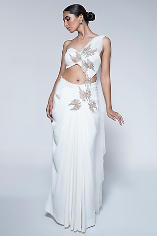 Ivory Banana Crepe Pre-Stitched Draped Saree by House of R