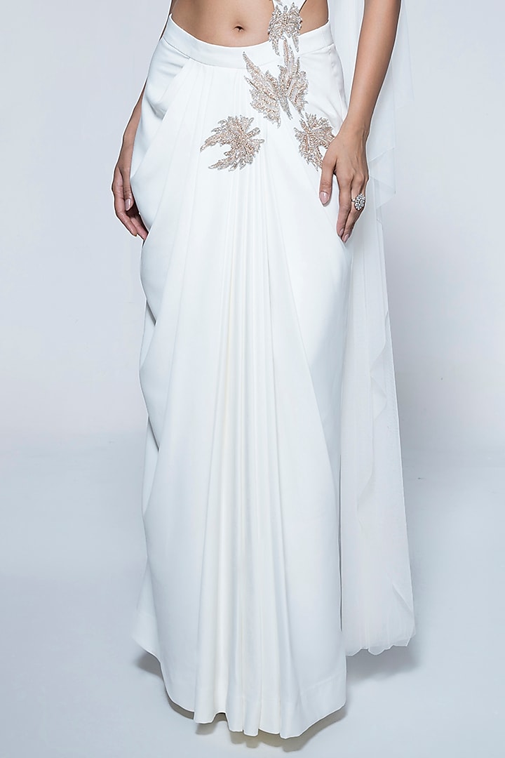 Ivory Banana Crepe Pre-Stitched Draped Wedding Saree by House of R at Pernia's Pop Up Shop