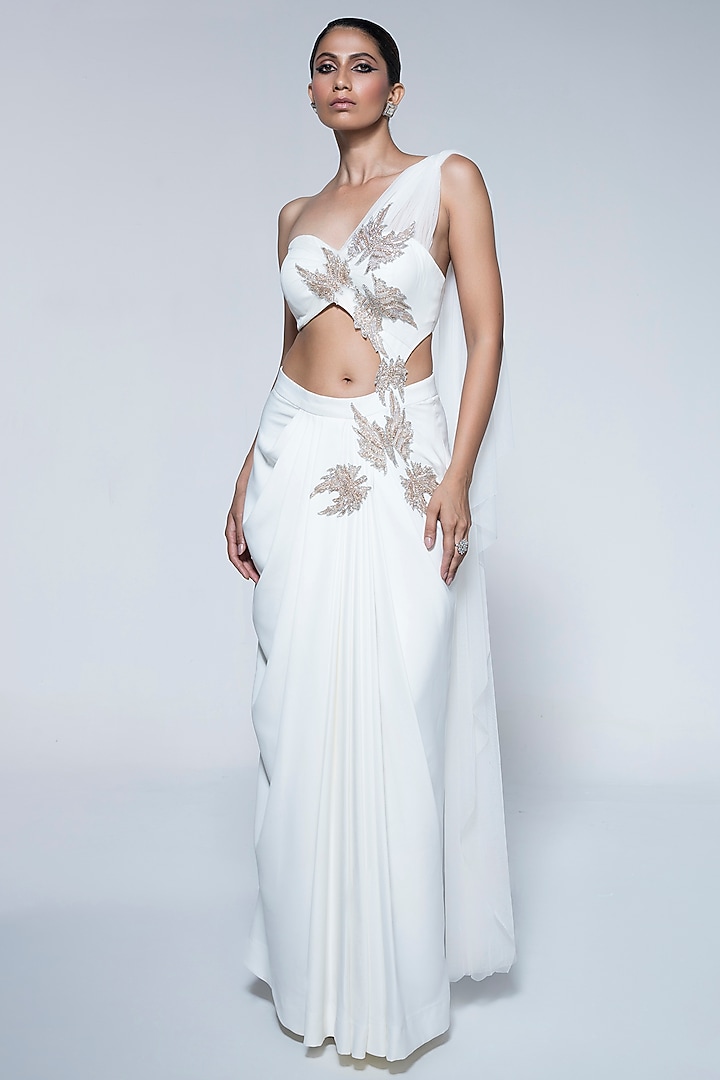 Ivory Banana Crepe Pre-Stitched Draped Wedding Saree by House of R at Pernia's Pop Up Shop
