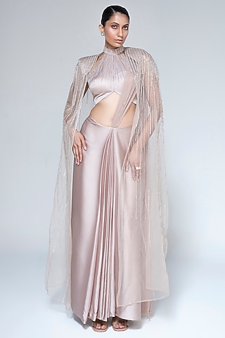 Champagne Satin Chiffon & Net Pre-Draped Jacket Saree Set by House of R