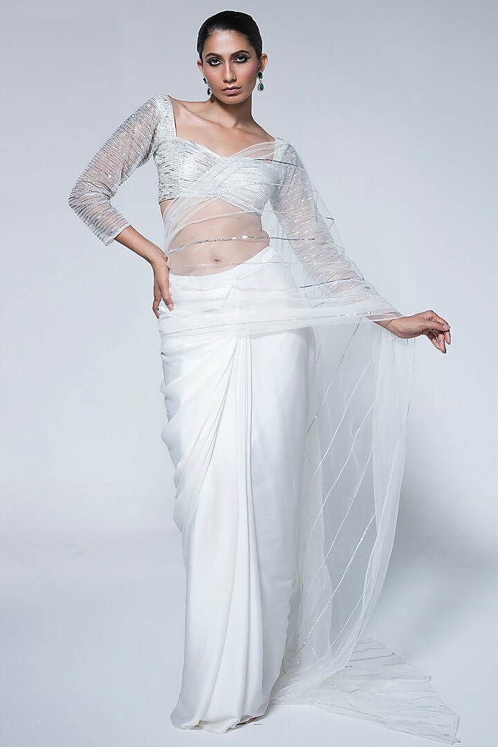 Ivory Satin Chiffon Pre-Stitched Draped Saree Set by House of R