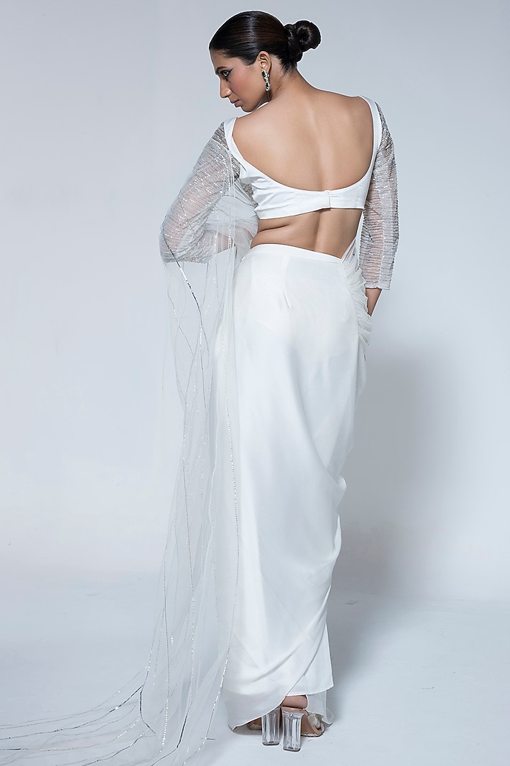 Ivory Satin Chiffon Pre-Stitched Draped Wedding Saree Set by House of R at Pernia's Pop Up Shop