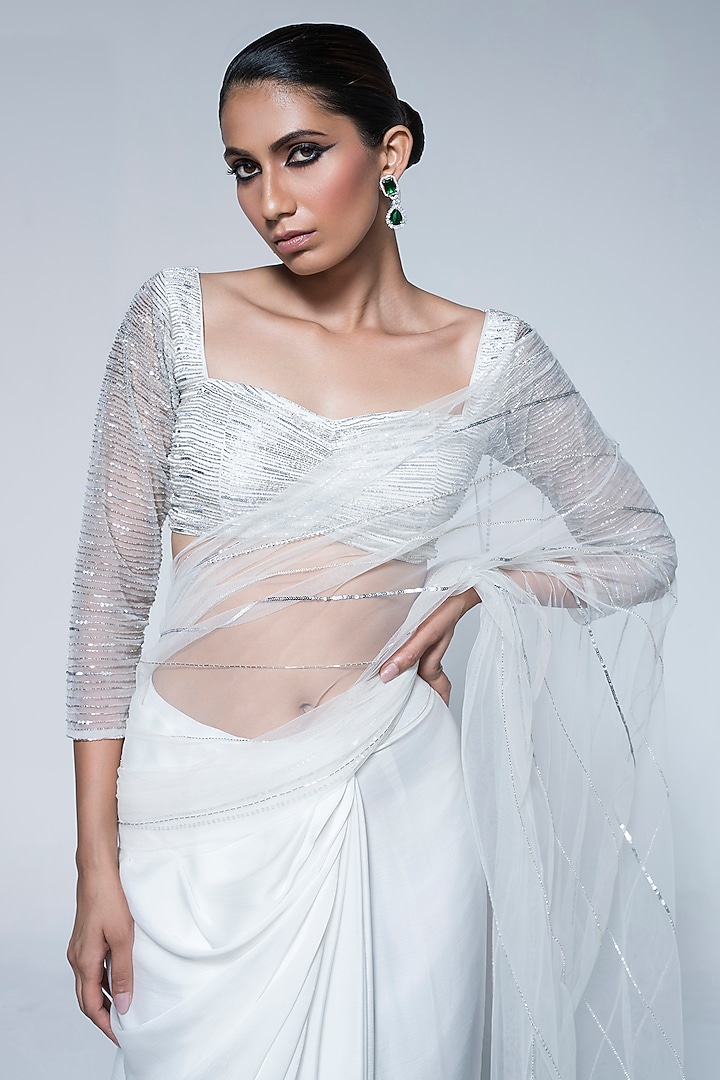 Ivory Satin Chiffon Pre-Stitched Draped Wedding Saree Set by House of R at Pernia's Pop Up Shop