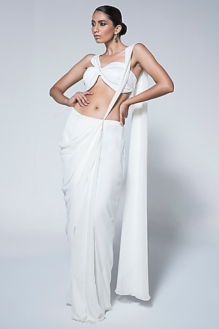 Ivory Double Georgette Pre-Stitched Draped Saree Set by House of R