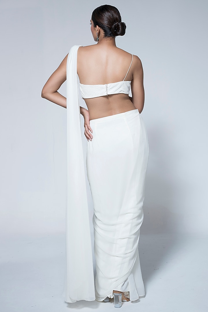 Ivory Double Georgette Pre-Stitched Draped Party Wear Saree Set by House of R at Pernia's Pop Up Shop