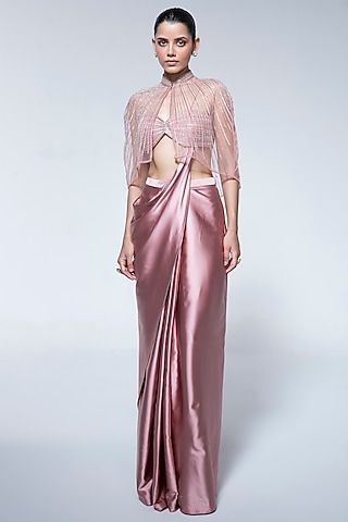 Peach Pink Pure Satin Pre-Draped Jacket Saree Set by House of R